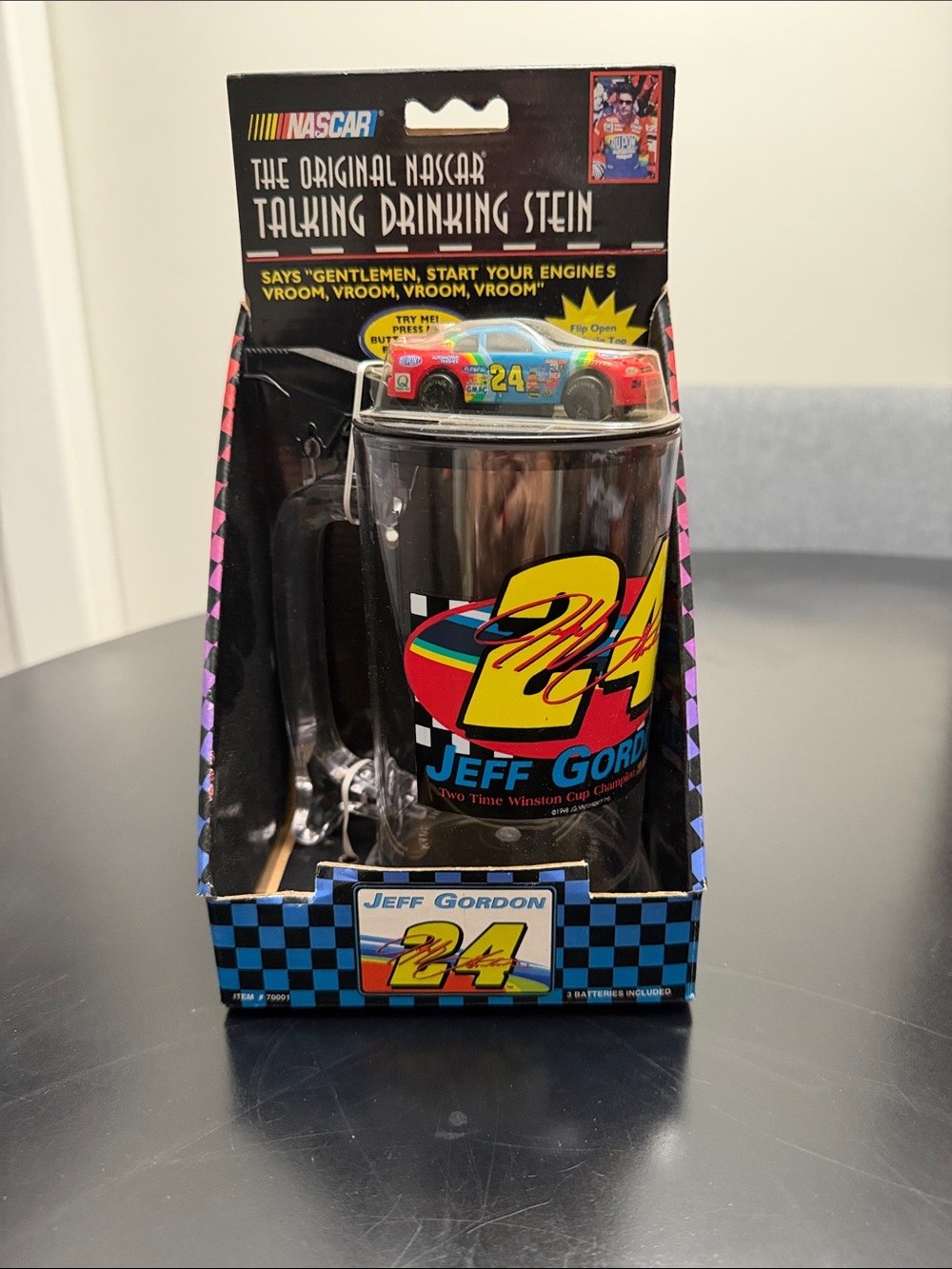 Nascar Jeff Gordon #24 Glass Stein with Mini Die-Cast Car - Black, Yellow, Blue